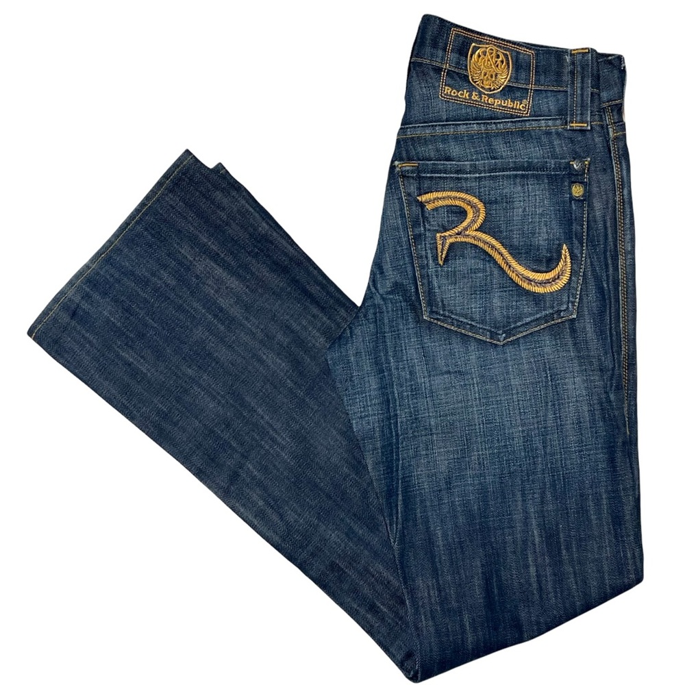 ROCK & REPUBLIC 100% RIGID COTTON EMBROIDERED LOGO BOOTCUT MID RISE Y2K JEANS